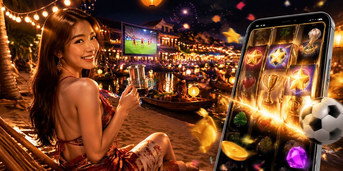 Người dùng tại Hà Nội ngồi tại quán cà phê chơi slot jackpot trên điện thoại buổi tối