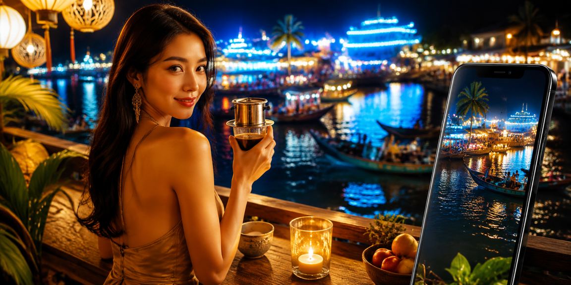 Người chơi VIP thư giãn uống cà phê bên sông Mekong và truy cập 88fc trên điện thoại